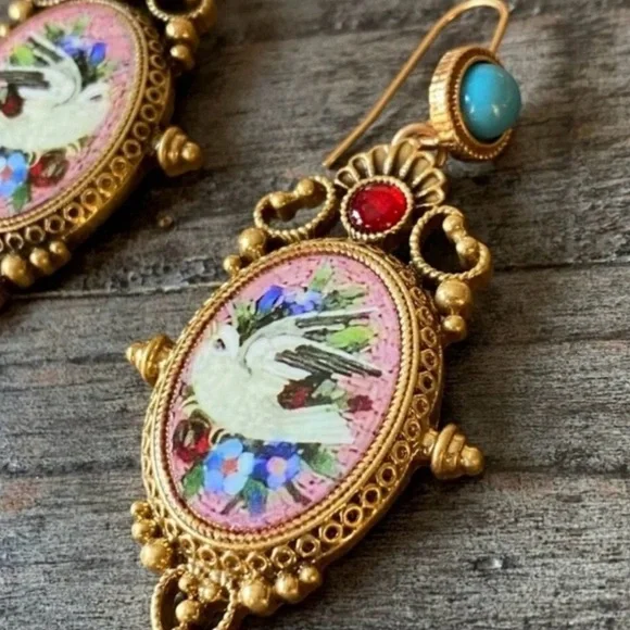 Vintage Style Dove Bird Baroque Earrings Micro Mosaic Style Floral Ornate NEW - Picture 2 of 13